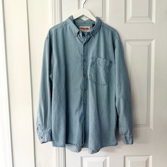 Wrangler Rugged Wear Blue Denim Chambray Sturdy Button Down Work Shirt XXL Men - Picture 1 of 10